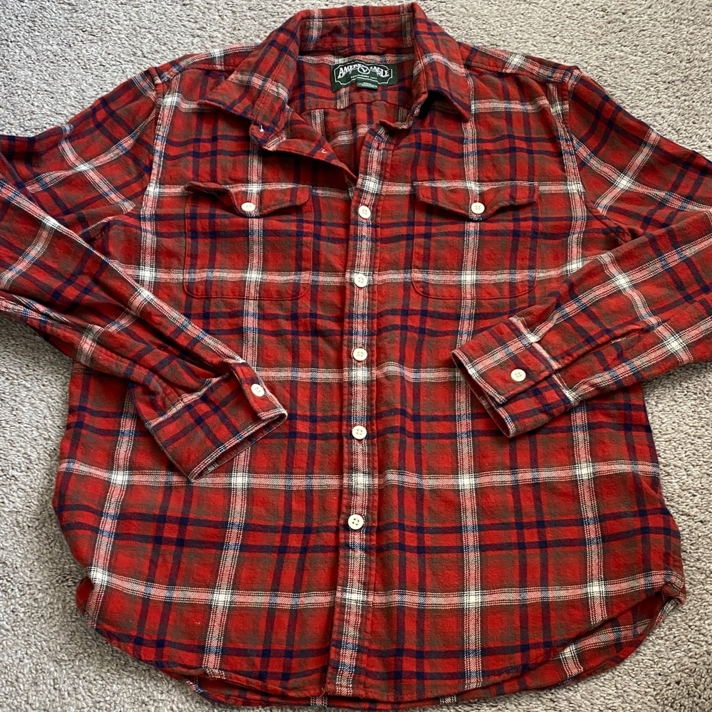 American Eagle Outfitters Red and Blue Plaid Men's Shirt